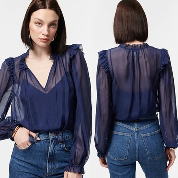 NWT Cami NYC Sheer Chiffon Ruffle Sandy Storm Navy Blue Sheer Blouse Top - Picture 7 of 7
